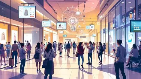 Realistic shopping mall smartphones digital screens ai enhanced retail experience