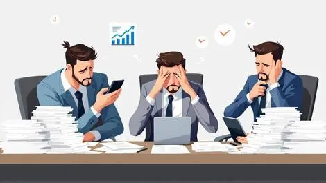 Realistic stressed business professionals smartphones tablets paperwork financial industry pressures