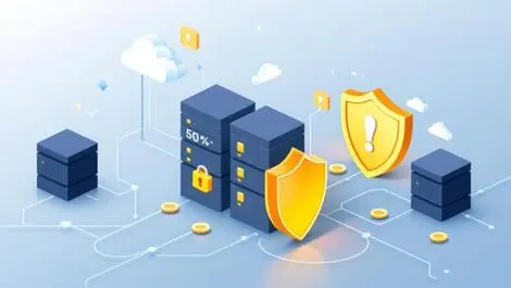 Illustration secure data center guarded servers shield icons network connections