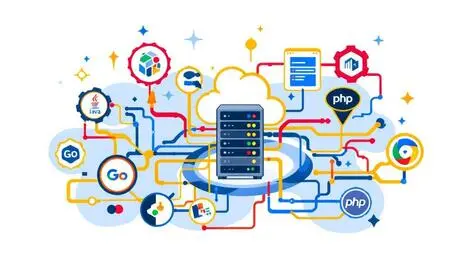 Illustration servers cloud icons application monitoring data flow programming