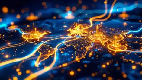 Glowing data cable connecting japan and germany tokyo to frankfurt