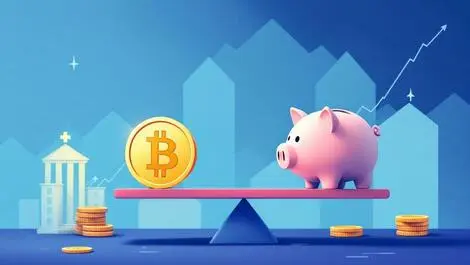 New zealand style piggy bank with bitcoin and traditional investments graph