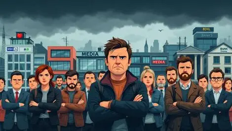 Disappointed new zealand consumers crossed arms frowning faces business buildings cloudy sky distrust