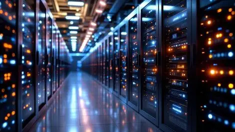 Realistic modern data center storage servers blinking lights technology