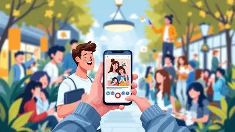 Realistic illustration person using smartphone casual photo urban social engagement