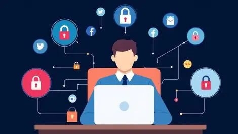 It professional at desk with connected secure app icons illustration