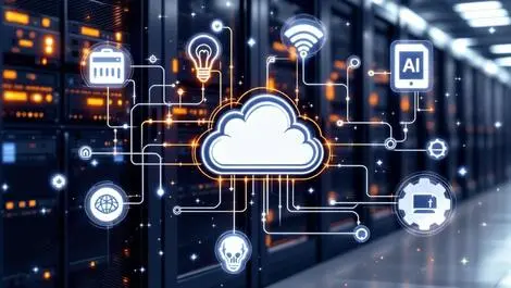 Detailed server room interconnected servers cables cloud ai icons infrastructure management