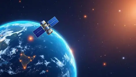 Modern satellite orbiting earth with continents australia us india data transmission