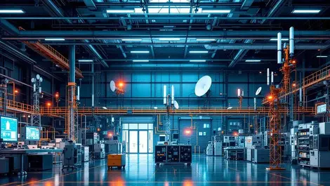 Modern industrial facility interior advanced wireless network technology equipment