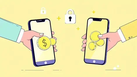 Digital peer to peer lending secure transaction illustration with phones and coins