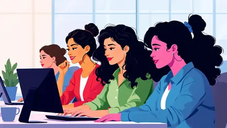 Female professionals collaborating in modern office technology fintech