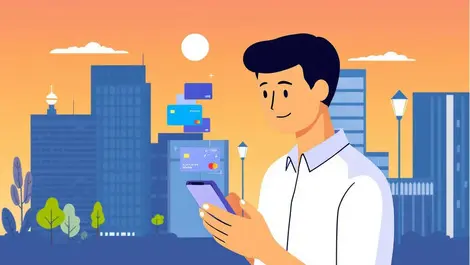 Australian businessperson using smartphone digital card virtual payments fintech