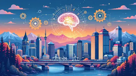 Canadian cityscape infrastructure energy projects ai brain gears illustration