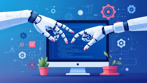 Human hand holding robotic arm over code screen integration ai testing