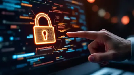 Realistic computer screen lock symbol hand over browser secure web browsing data protection