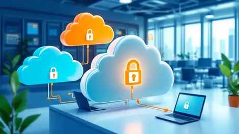 Stylized cloud servers connected to laptops desktops with locks it security