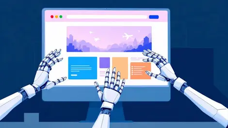 Computer monitor travel booking website robotic hands automated bots interaction