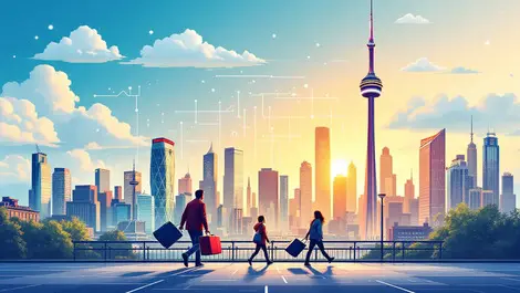 Bustling canadian city skyline cn tower technology clouds circuit people walking migration