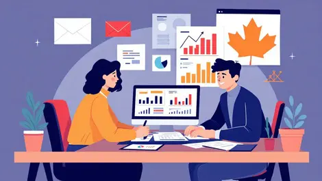 Canadian accountants working together financial documents charts maple leaf background