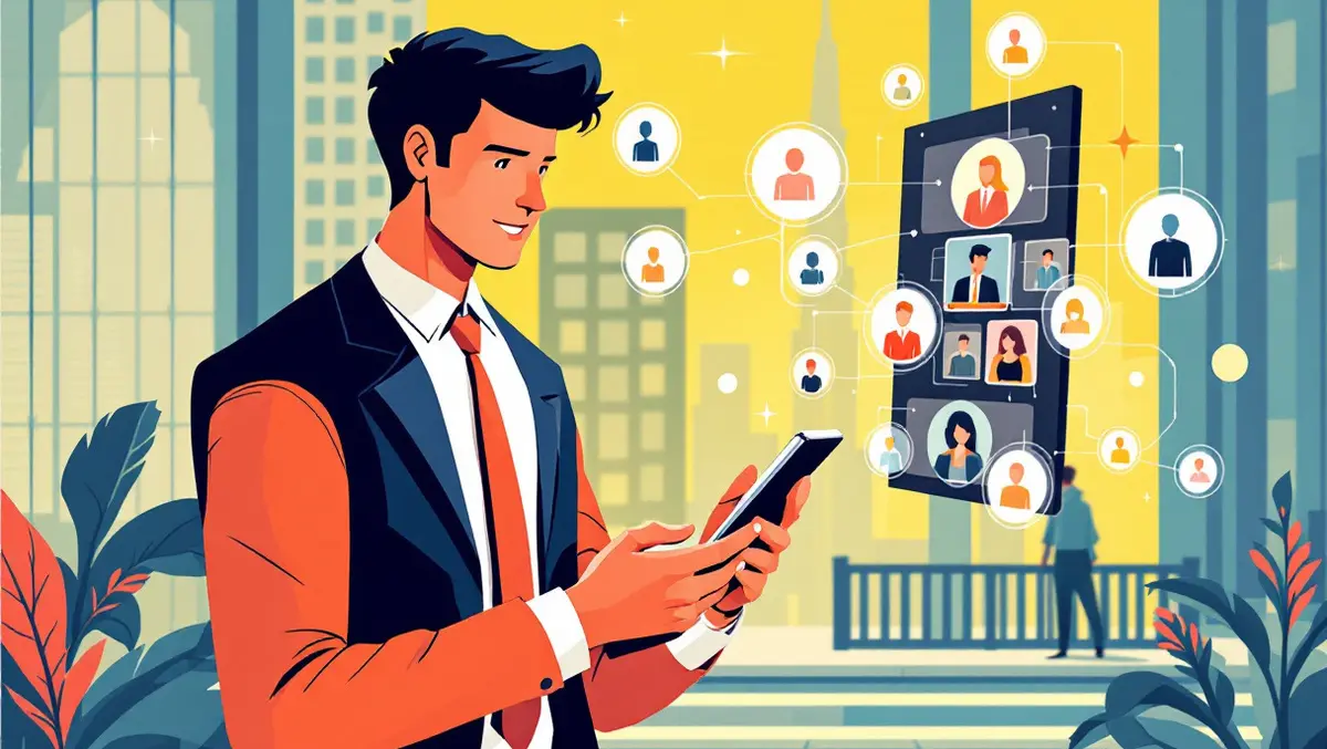 Businessperson urban smartphone connecting clients icons efficient communication sales networking