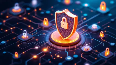 Computer shield icon digital network lines security locks enterprise cyber defense