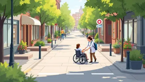 Canadian urban street caregiver assisting wheelchair accessible infrastructure