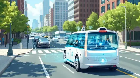 Modern autonomous vehicle with sensors cameras driving city street us