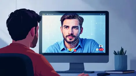 Realistic illustration computer screen suspicious video call human face morphing digital mask ai deepfake alert