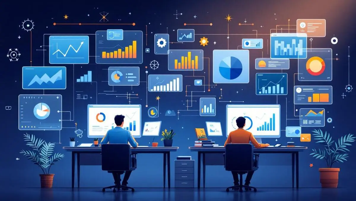 Office finance professionals working digital automation analytics charts