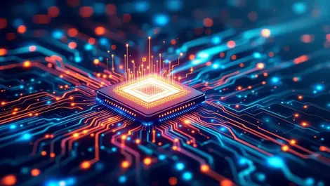 Glowing quantum chip connected to swirling digital network lines advanced computing analyzing data