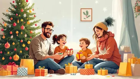 Cheerful australian family exchanging christmas gifts bargain shopping illustration