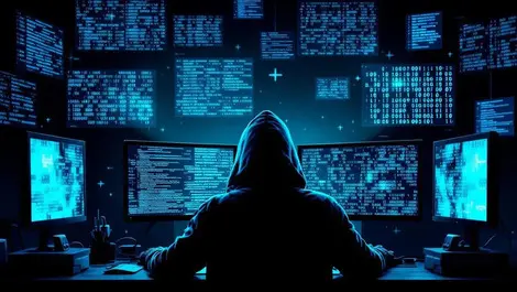 Hooded figure computer dark room multiple screens abstract encrypted code cyber attack
