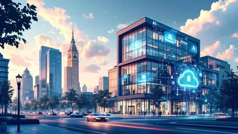 Modern office building germany ai cybersecurity cloud technology urban illustration