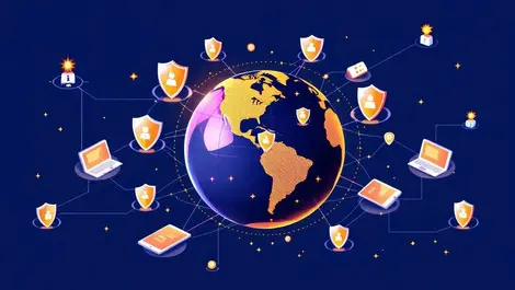 Global digital identity verification data security integration globe shield devices