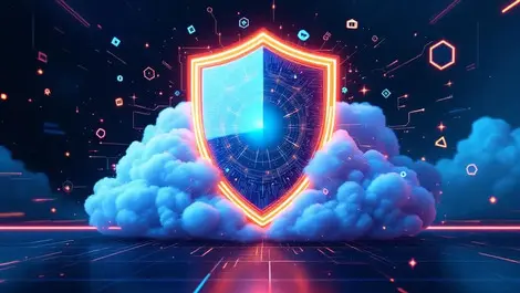 Glowing cyber shield protecting spinning cloud with digital threats