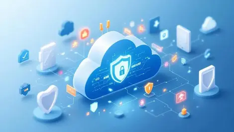 Secure digital cloud with network icons security shields azure blue