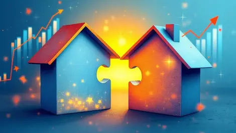 Two house shaped puzzle pieces joining together company acquisition graphs upward growth