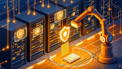 Secure data center with server racks digital shields ai robotic arms automated cyberattack recovery