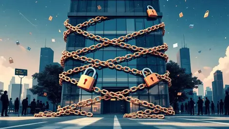 Australian office building wrapped in digital chains padlocks cyberattacks symbolizing security threats