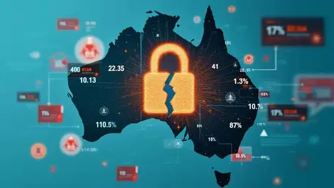 Digital illustration broken padlock over australia map cyber threats