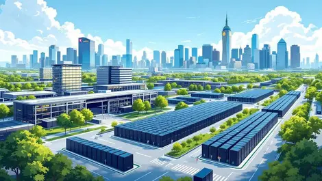 Realistic illustration modern data centres servers green spaces texas new york skylines