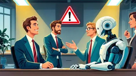 British business professionals interacting with ai robots office warning signs overconfidence