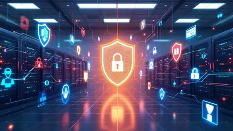 Realistic illustration robust server room digital shield network security threat protection