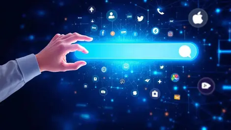 Human hand interacting with glowing search bar digital network symbols