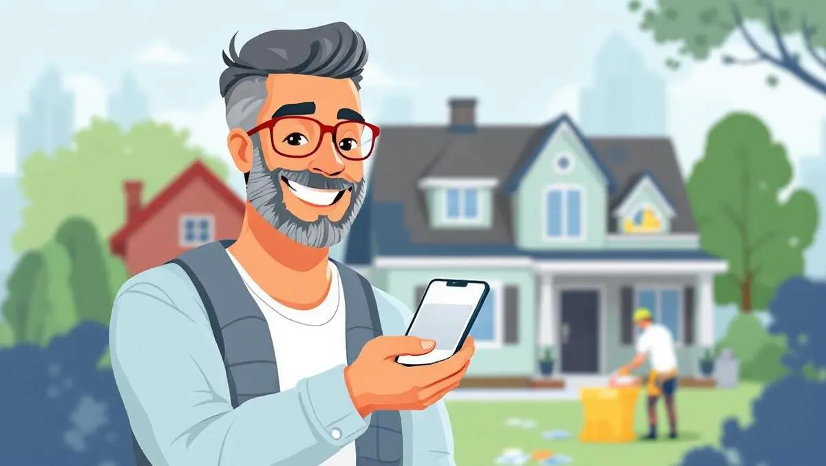 Satisfied homeowner receiving digital payment smartphone insurance agent contractor repairing house