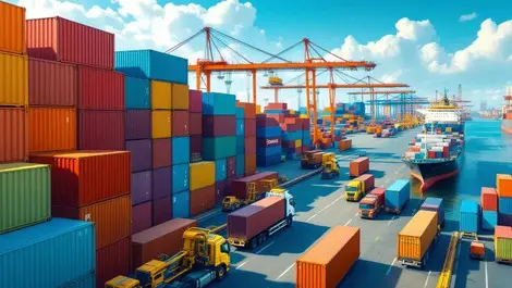 Realistic illustration shipping containers stacked busy port trucks cargo