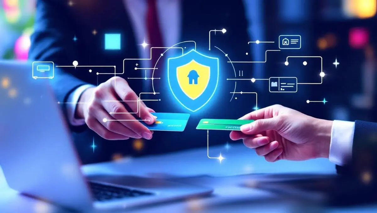 Secure digital payment transaction credit card shield exchange laptop modern american office