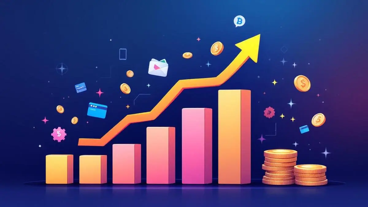 Dynamic bar graph upward arrows coins digital wallets fintech growth