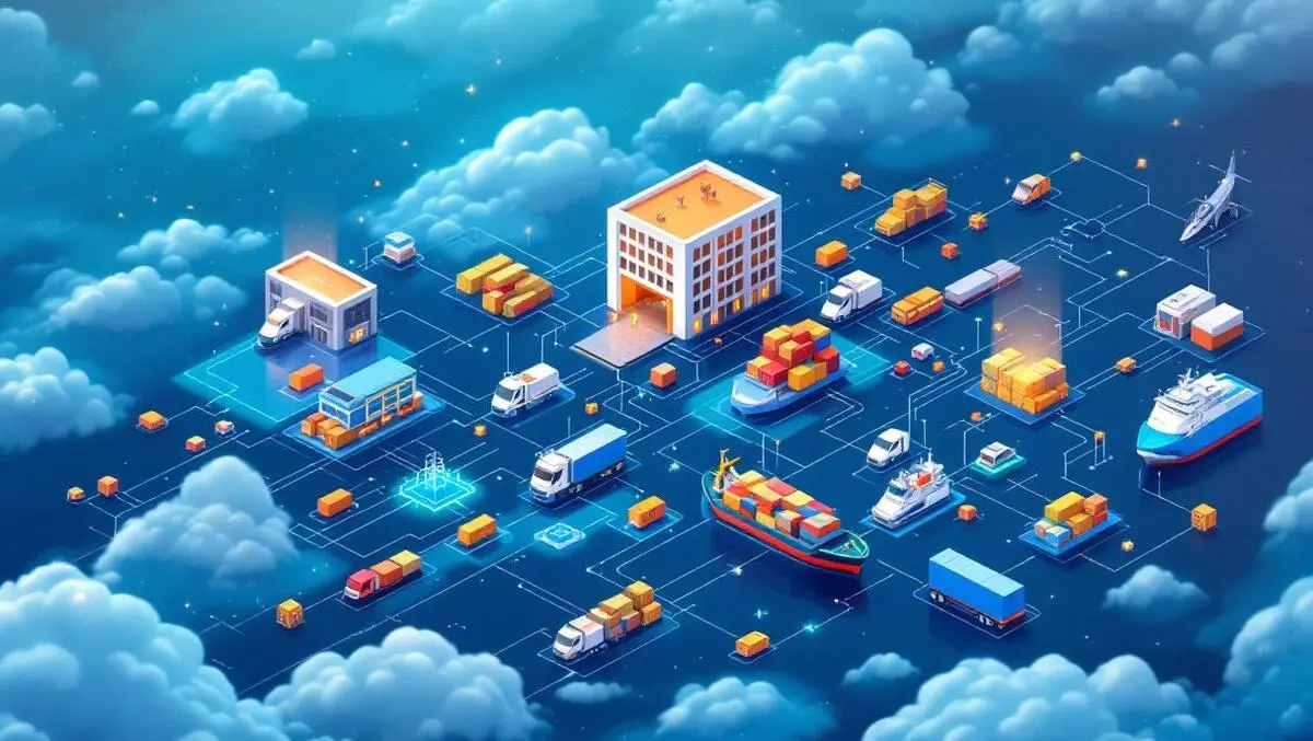 Realistic busy global supply chain network transport cargo warehouses automated data