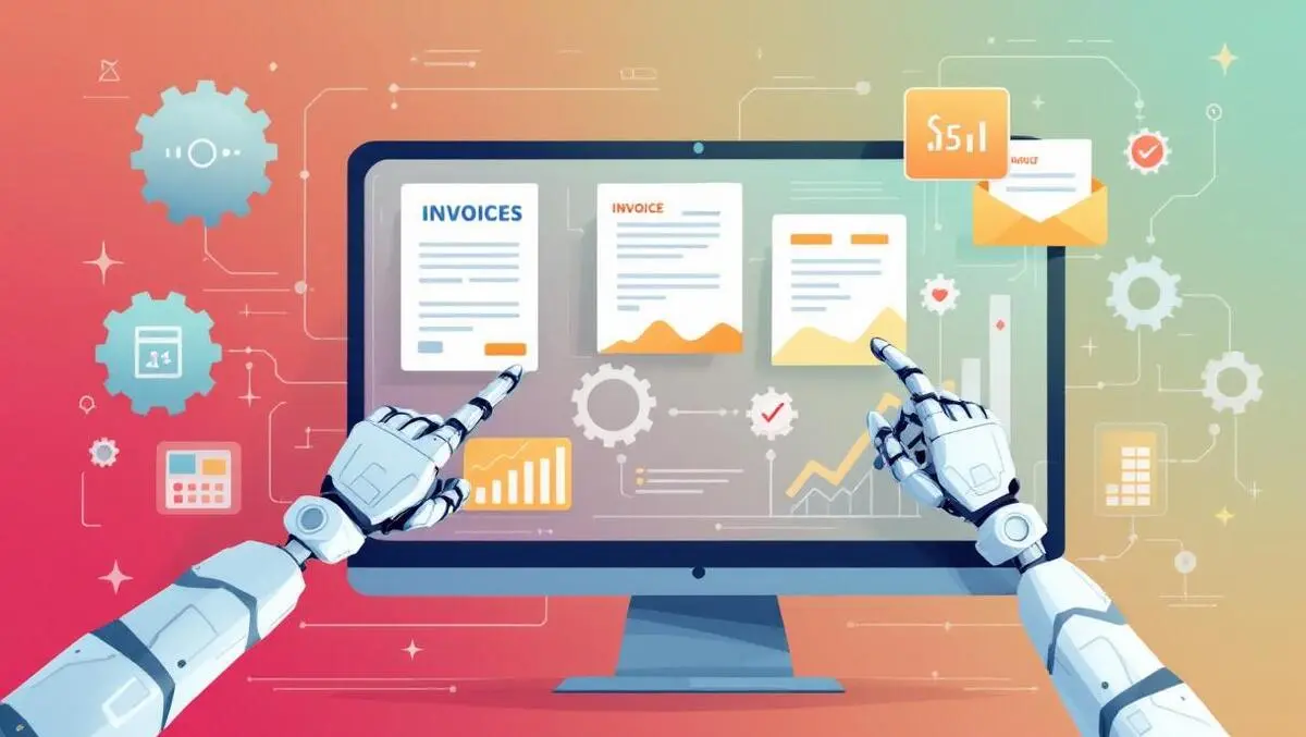Robotic hands processing invoices contracts digital dashboard automated financial workflows